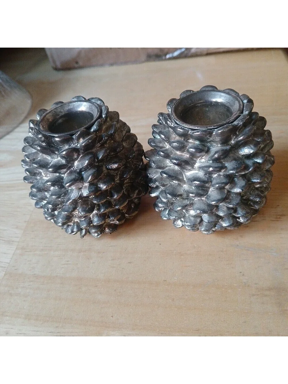 Metal Silver Plate Set Pair PineCone Taper Candle Holders Fall Christmas Decor